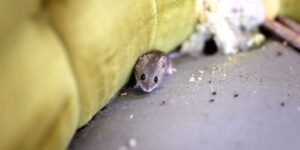 little grey house mouse living inside old chair in Bedford, MA