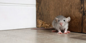 Bedford, MA grey rat near wooden wall on floor