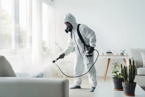 pest control worker in a protective suit sprays insect poison in a living room to eliminate common bugs in massachusetts