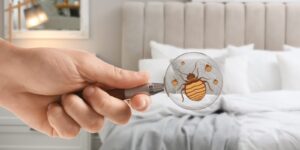 woman with magnifying glass detecting bed bugs in bedroom