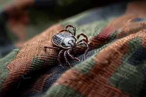 tick on a camouflage cloth, macro in Massachusetts