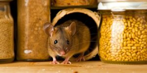 brown mouse peeking from a hole near pantry items