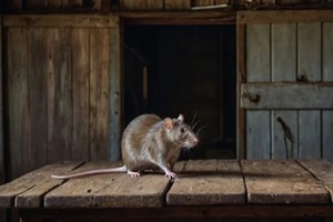 domestic rat on a wooden table in an old barn