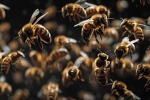 extreme close up of honey bees on wax honeycomb with hexagonal cells