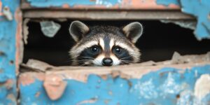 raccoon peeking through hole