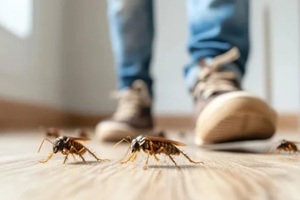 cockroaches move across a floor with a person poised to step, reflecting an interaction between humans and insects suggesting surprise, fear, or control