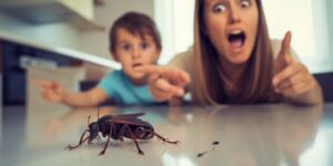 family startled by large insect in cozy kitchen during mealtime