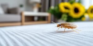 solitary bed bug explores a soft bedspread in a room embellished with vibrant sunflowers