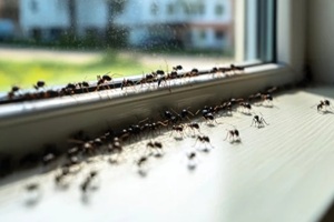 giant ants, common spring insects, on a home window
