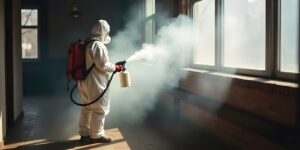 pest control officer using a sprayer to treat a room for pests, spring insects