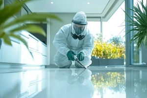 pest control worker in protective gear kneels on a shiny floor