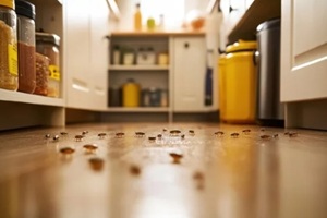 infestation of cockroaches on kitchen floor amidst food containers in MA home