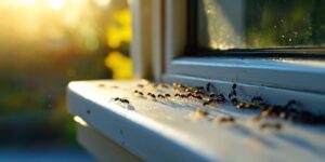 Ants on Home Windowsill During Sunset