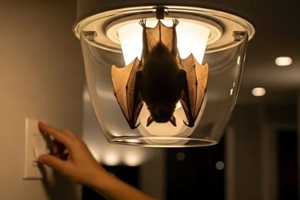 hand reaches for a light switch while a bat hangs upside down inside a glass ceiling light fixture