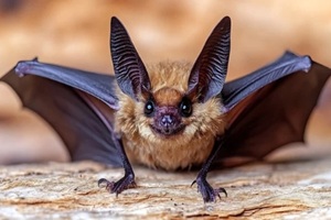 close-up of a small bat with outstretched wings