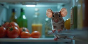 mouse peeks from open refrigerator shelf filled with food