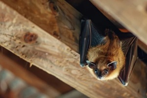 brown bat hanging upside down under the wooden roof and looking into the camera