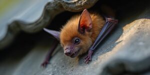 close look at the roosting bat under roof tiles